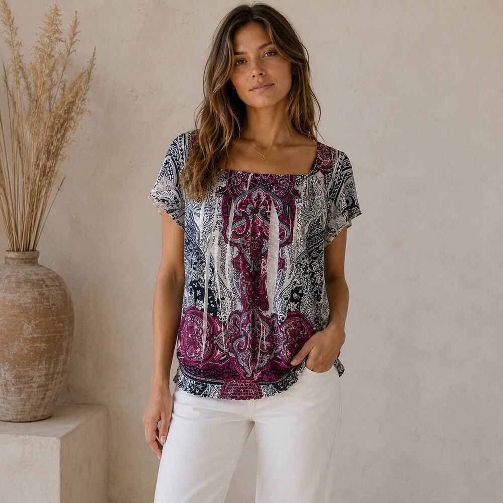 Dressbarn Black, White and Pink Print Blouse XL